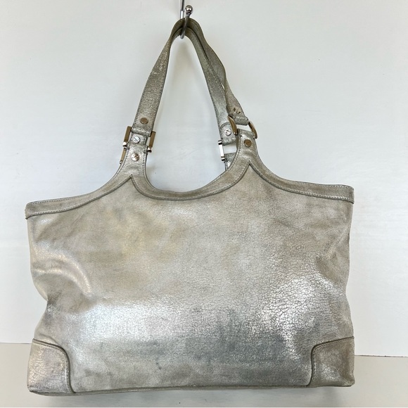 TORY BURCH Bombe Metallic Silver Shimmer Crackled Leather Shoulder Bag Tote - Picture 5 of 15